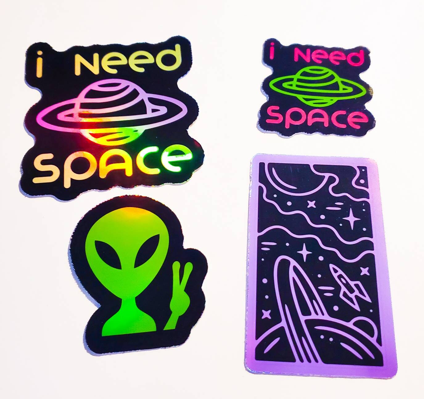 I Need Space Sticker Pack - Holographic or Sparkle, Waterproof - planets distance space galaxy alien peace stickers bundle