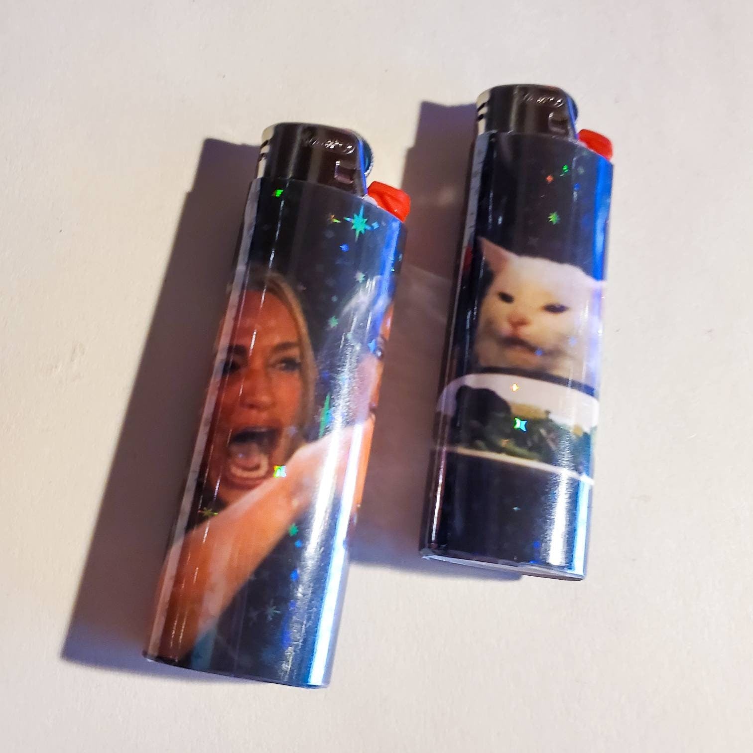 Woman Yelling at Confused Cat Meme Lighter Set / Holographic Sparkles / disposable bic lighters funny humor meme custom gift smoking smoker