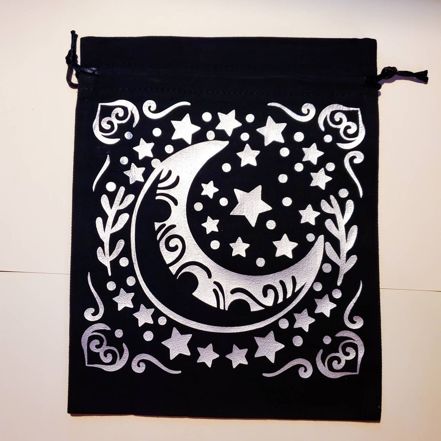 Moon Tarot Bag / drawstring gift bag / 7.5" x 9.5" 100% cotton black witch tarot cards oracle deck moon makeup silver gold