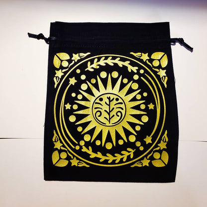 Sun Tarot Bag / drawstring gift bag / 7.5" x 9.5" 100% cotton black witch tarot cards oracle deck sun makeup silver gold