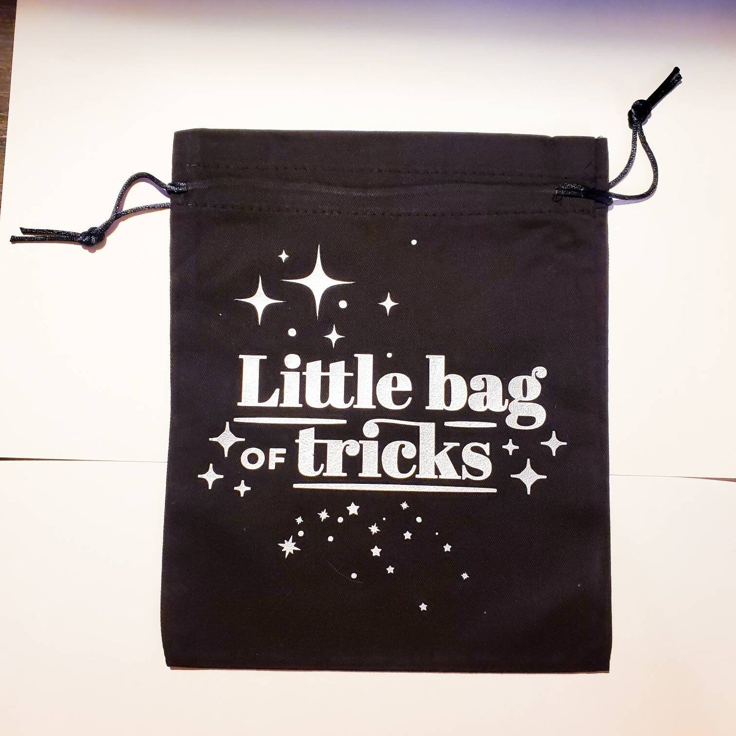 Little Bag of Tricks Tarot Bag / drawstring gift bag / 7.5" x 9.5" 100% cotton black witch tarot cards oracle deck makeup silver gold stars