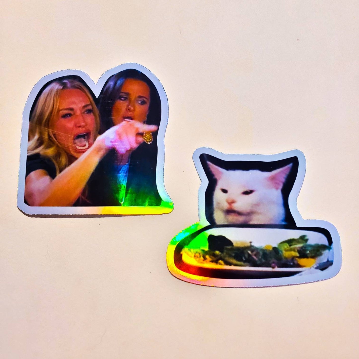 Woman Yelling Confused Cat Meme Sticker Pack - Holographic 2 Stickers Waterproof - funny humor cat journal planner water bottle laptop skate