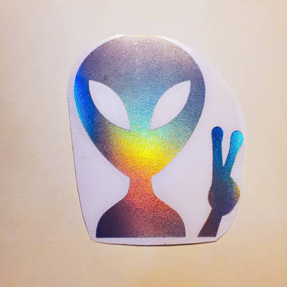 Peace Alien Holographic Sticker - Vinyl Waterproof Decal - 2.8" x 3.5" - alien peace sign car decal silver rainbow holo space ufo skate