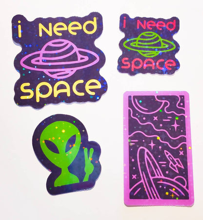 I Need Space Sticker Pack - Holographic or Sparkle, Waterproof - planets distance space galaxy alien peace stickers bundle