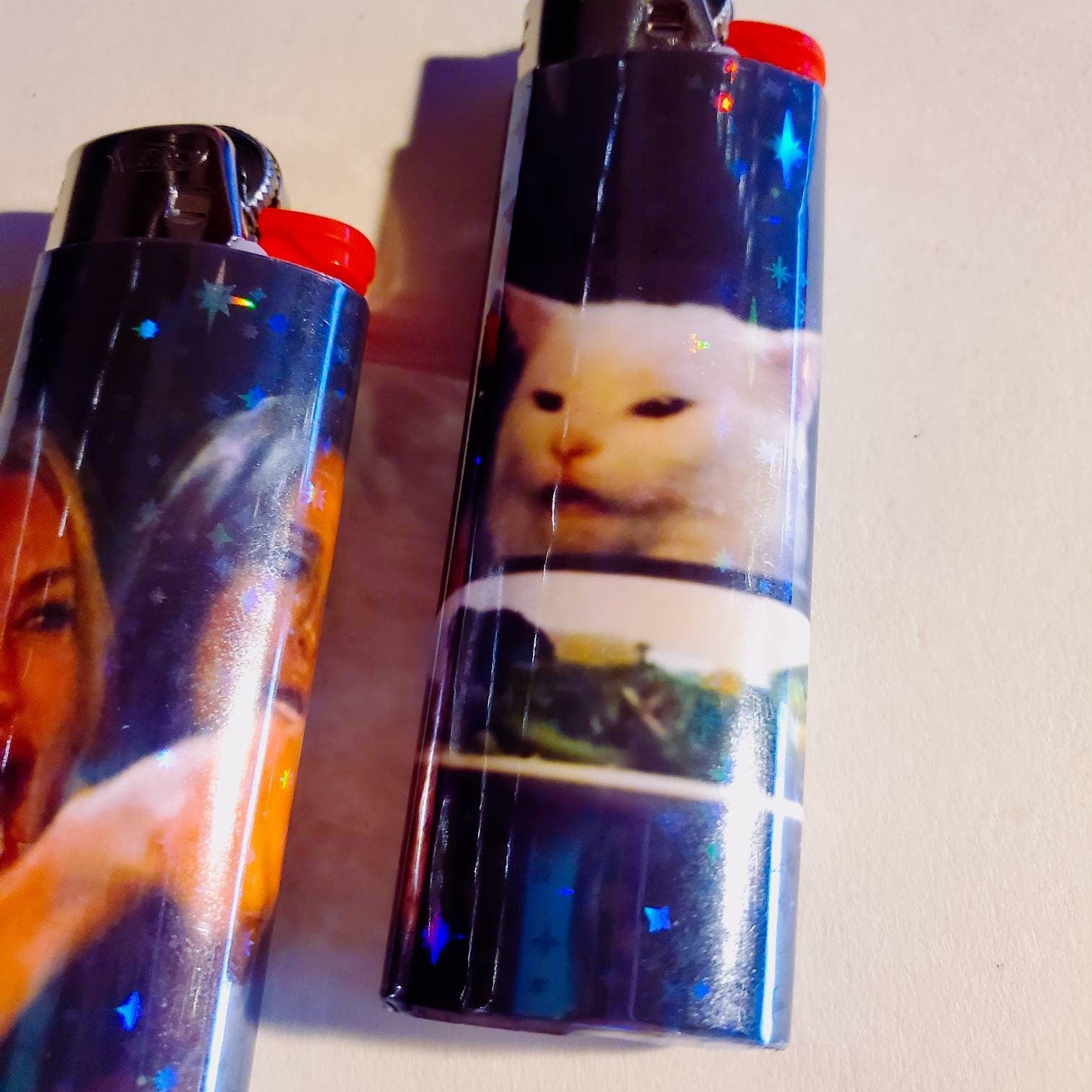 Woman Yelling at Confused Cat Meme Lighter Set / Holographic Sparkles / disposable bic lighters funny humor meme custom gift smoking smoker