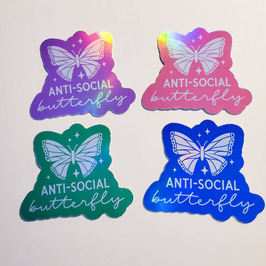 Anti-Social Butterfly Holographic Sticker / 2.2" x 2.4" / pink green blue purple lavender / Journal planner waterproof laptop decal