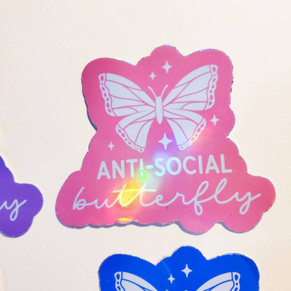 Anti-Social Butterfly Holographic Sticker / 2.2" x 2.4" / pink green blue purple lavender / Journal planner waterproof laptop decal