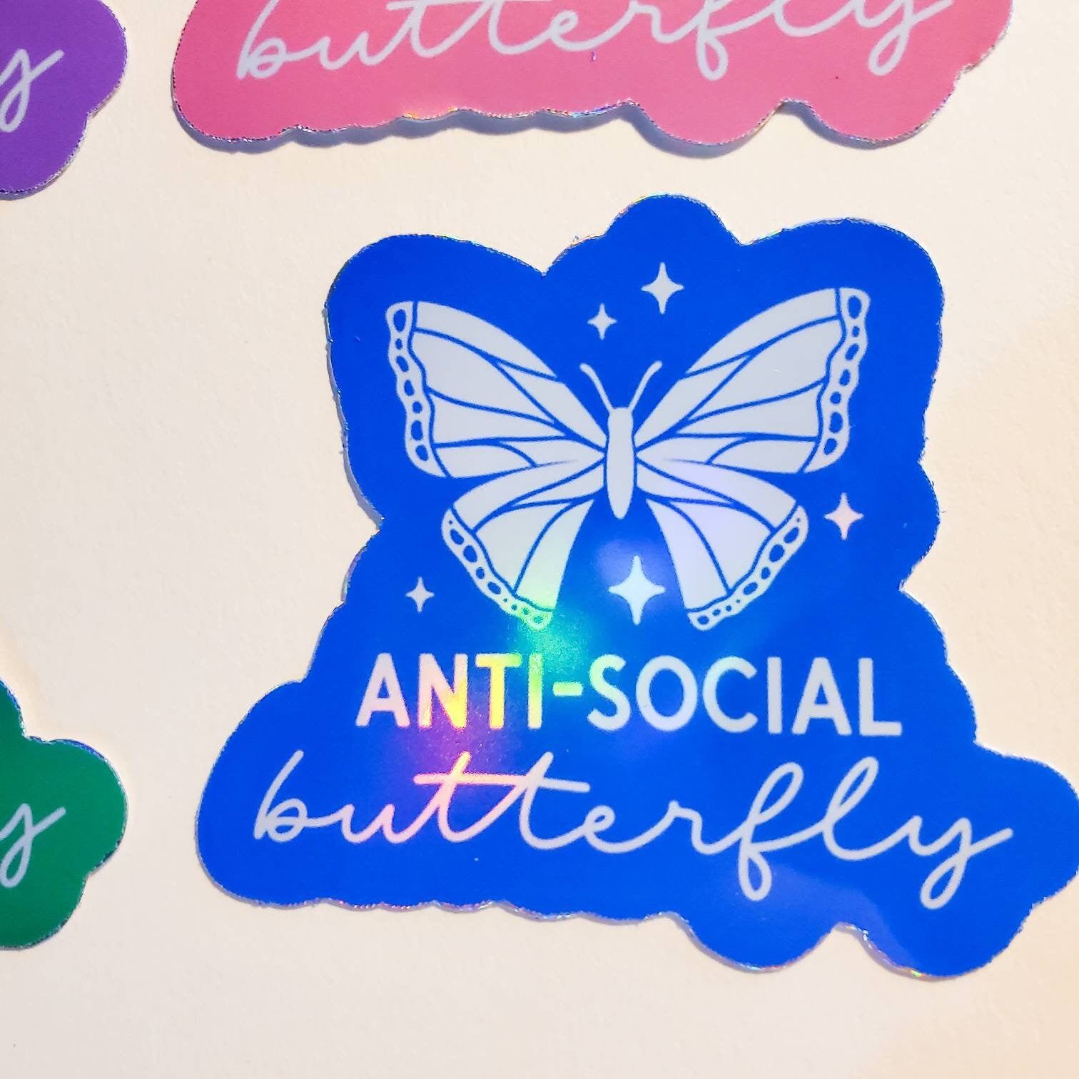 Anti-Social Butterfly Holographic Sticker / 2.2" x 2.4" / pink green blue purple lavender / Journal planner waterproof laptop decal