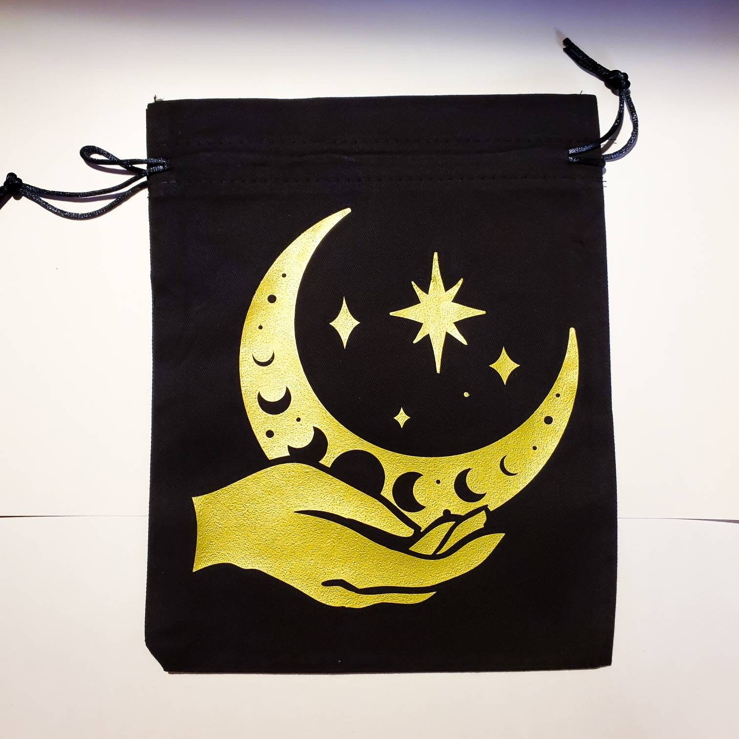 Moon in Hand Tarot Bag / drawstring gift bag / 7.5" x 9.5" 100% cotton black witch tarot cards oracle deck moon makeup silver gold