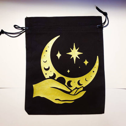 Moon in Hand Tarot Bag / drawstring gift bag / 7.5" x 9.5" 100% cotton black witch tarot cards oracle deck moon makeup silver gold