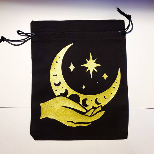 Moon in Hand Tarot Bag / drawstring gift bag / 7.5" x 9.5" 100% cotton black witch tarot cards oracle deck moon makeup silver gold