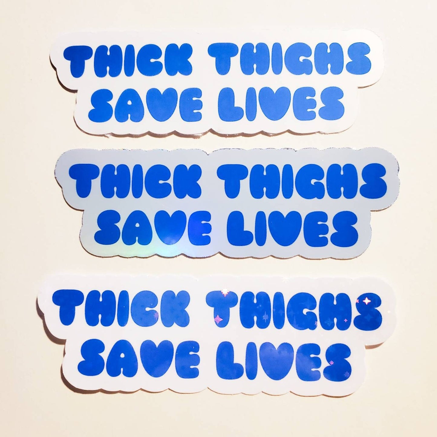 Thick Thighs Save Lives Sticker / holographic sparkles glossy / pink lavender blue / 3.8" x 1.2" / stickers decal journal planner laptop