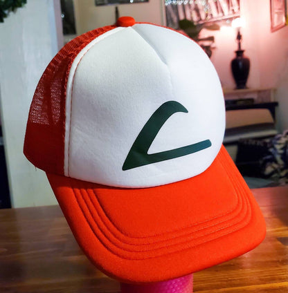 PKMN Trainer Hat - red and white cap - Ash Ketchum pocket monster training pokemon go cosplay - adult size unisex