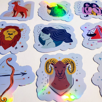 Zodiac Holographic Sticker Set / Pack of 12 / holographic sticker set vinyl astrology symbols star signs moon rising