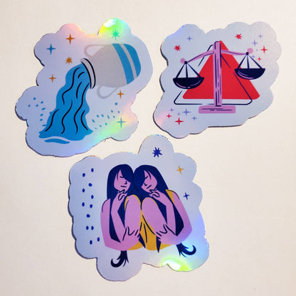 Zodiac Holographic Sticker Set / Pack of 12 / holographic sticker set vinyl astrology symbols star signs moon rising