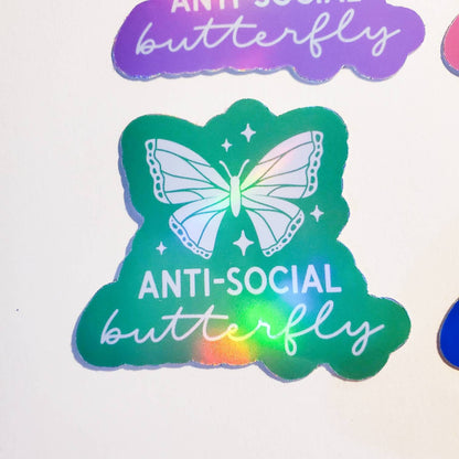 Anti-Social Butterfly Holographic Sticker / 2.2" x 2.4" / pink green blue purple lavender / Journal planner waterproof laptop decal