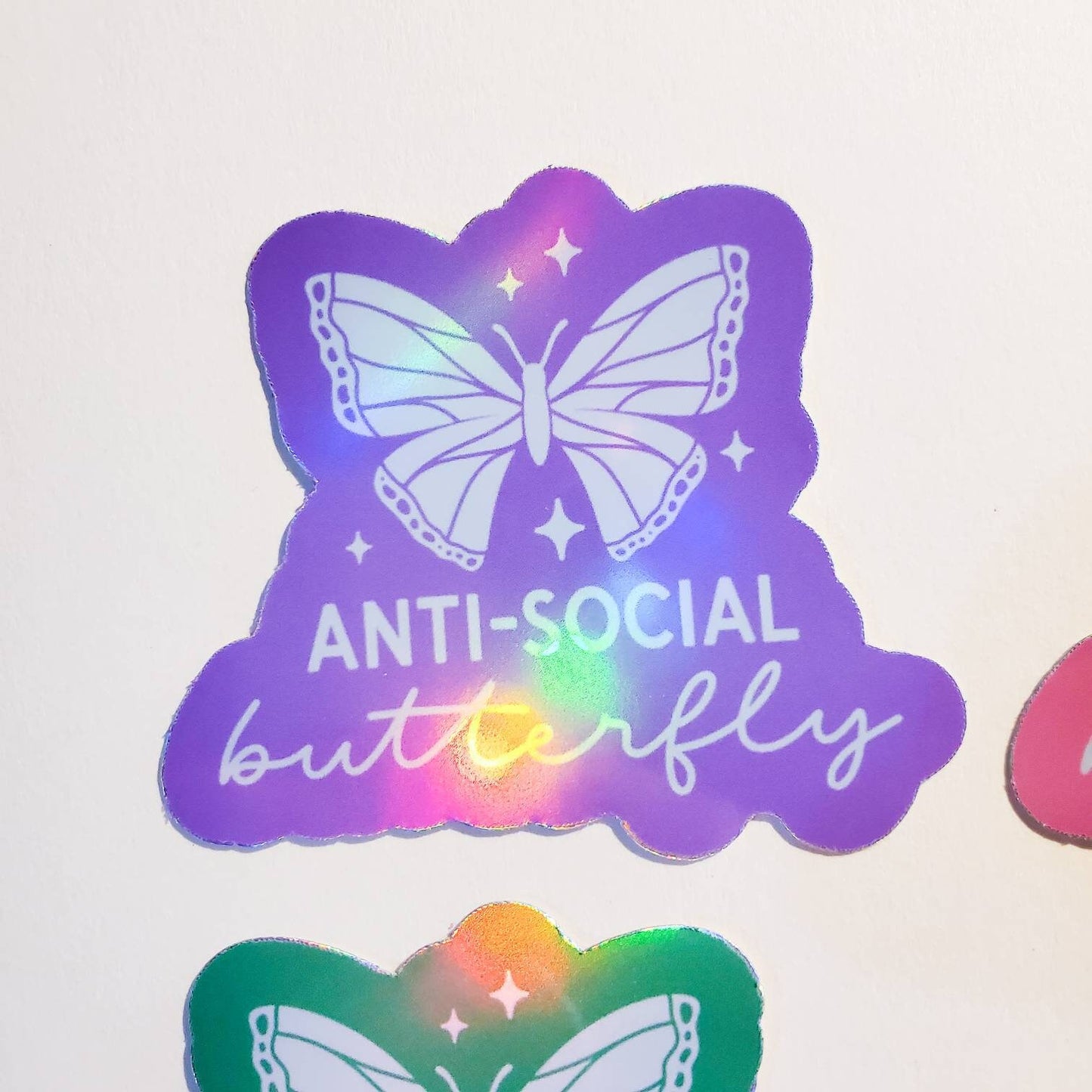 Anti-Social Butterfly Holographic Sticker / 2.2" x 2.4" / pink green blue purple lavender / Journal planner waterproof laptop decal