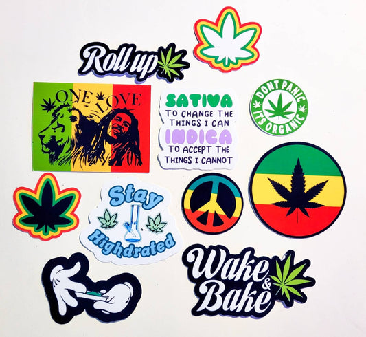 Stoner Sticker Pack - 11 Glossy Waterproof Stickers - weed pothead cannabis journal planner laptop skate roll-up rasta wake bake marley