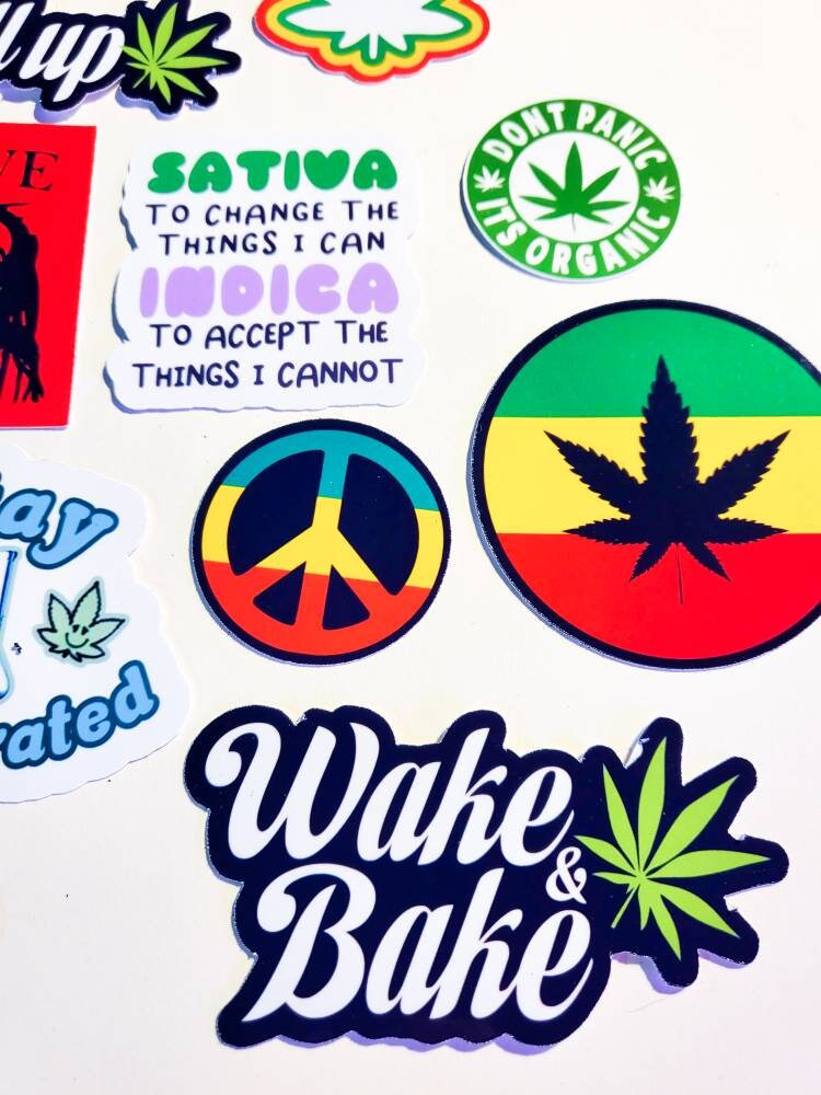 Stoner Sticker Pack - 11 Glossy Waterproof Stickers - weed pothead cannabis journal planner laptop skate roll-up rasta wake bake marley