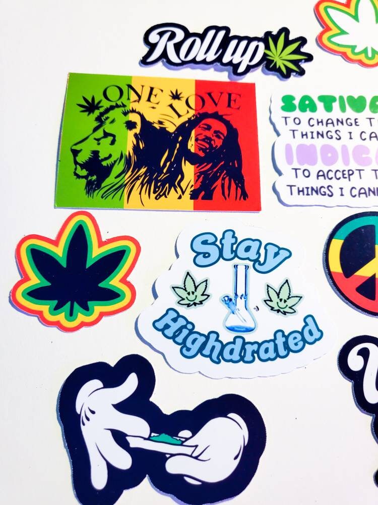 Stoner Sticker Pack - 11 Glossy Waterproof Stickers - weed pothead cannabis journal planner laptop skate roll-up rasta wake bake marley