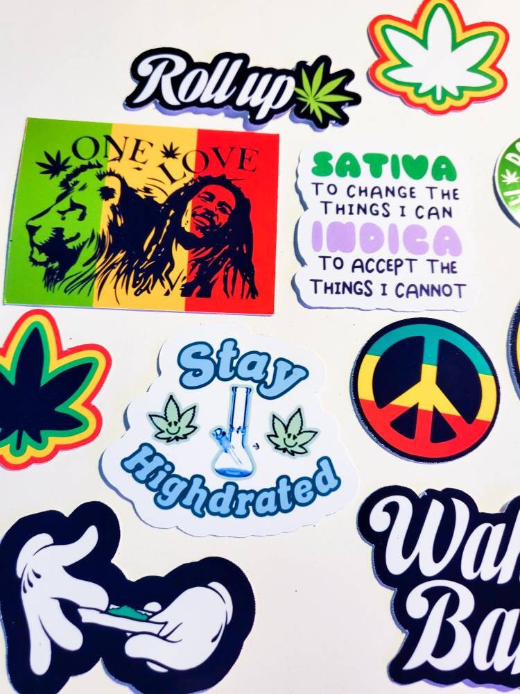 Stoner Sticker Pack - 11 Glossy Waterproof Stickers - weed pothead cannabis journal planner laptop skate roll-up rasta wake bake marley