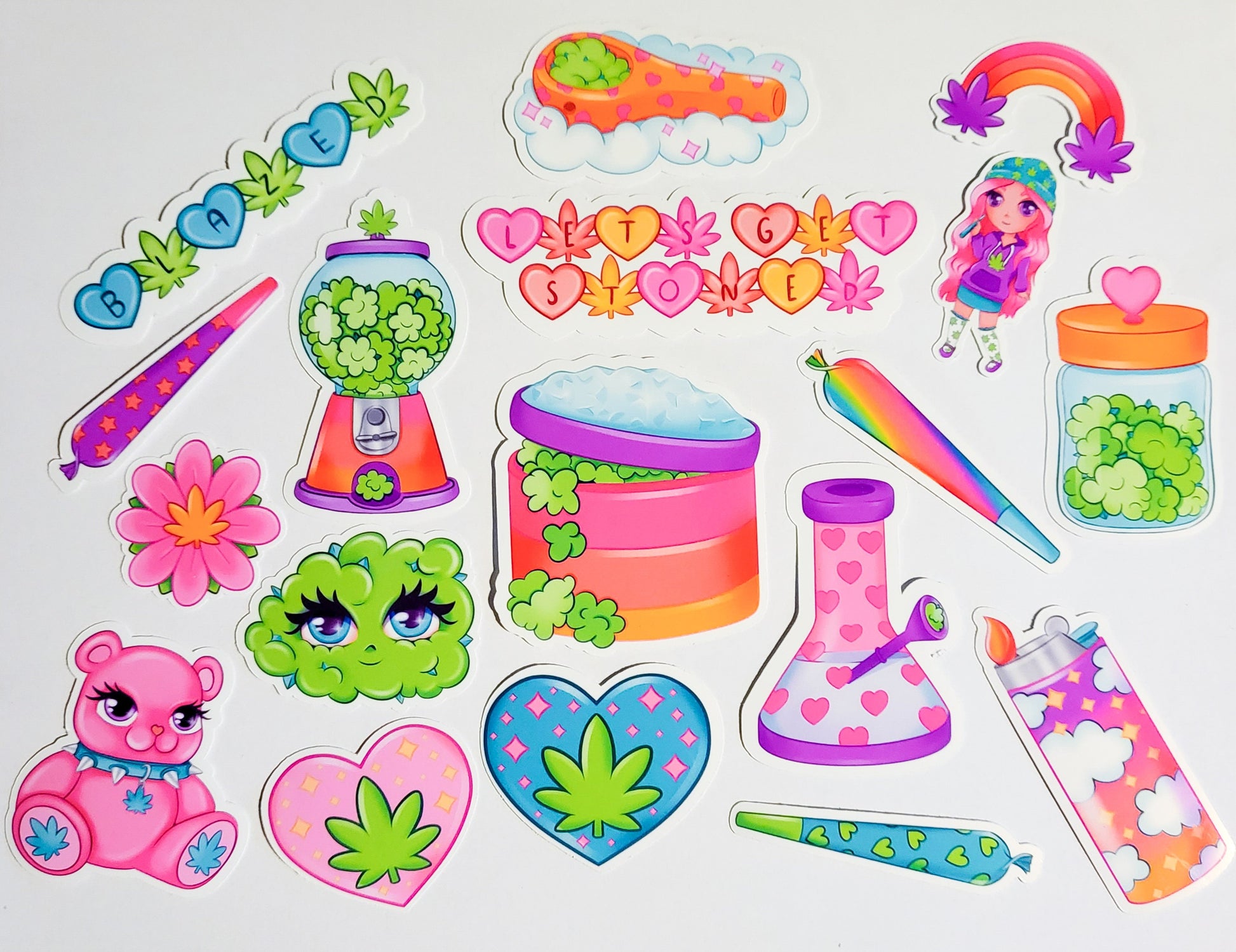 Girl Blunt Sticker Set - Holographic or Glossy - 18 Stickers - cute kawaii stoner weed joints marijuana cannabis 420 bud bong pipe lighter