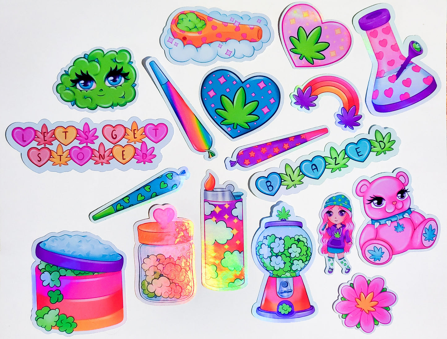 Girl Blunt Sticker Set - Holographic or Glossy - 18 Stickers - cute kawaii stoner weed joints marijuana cannabis 420 bud bong pipe lighter