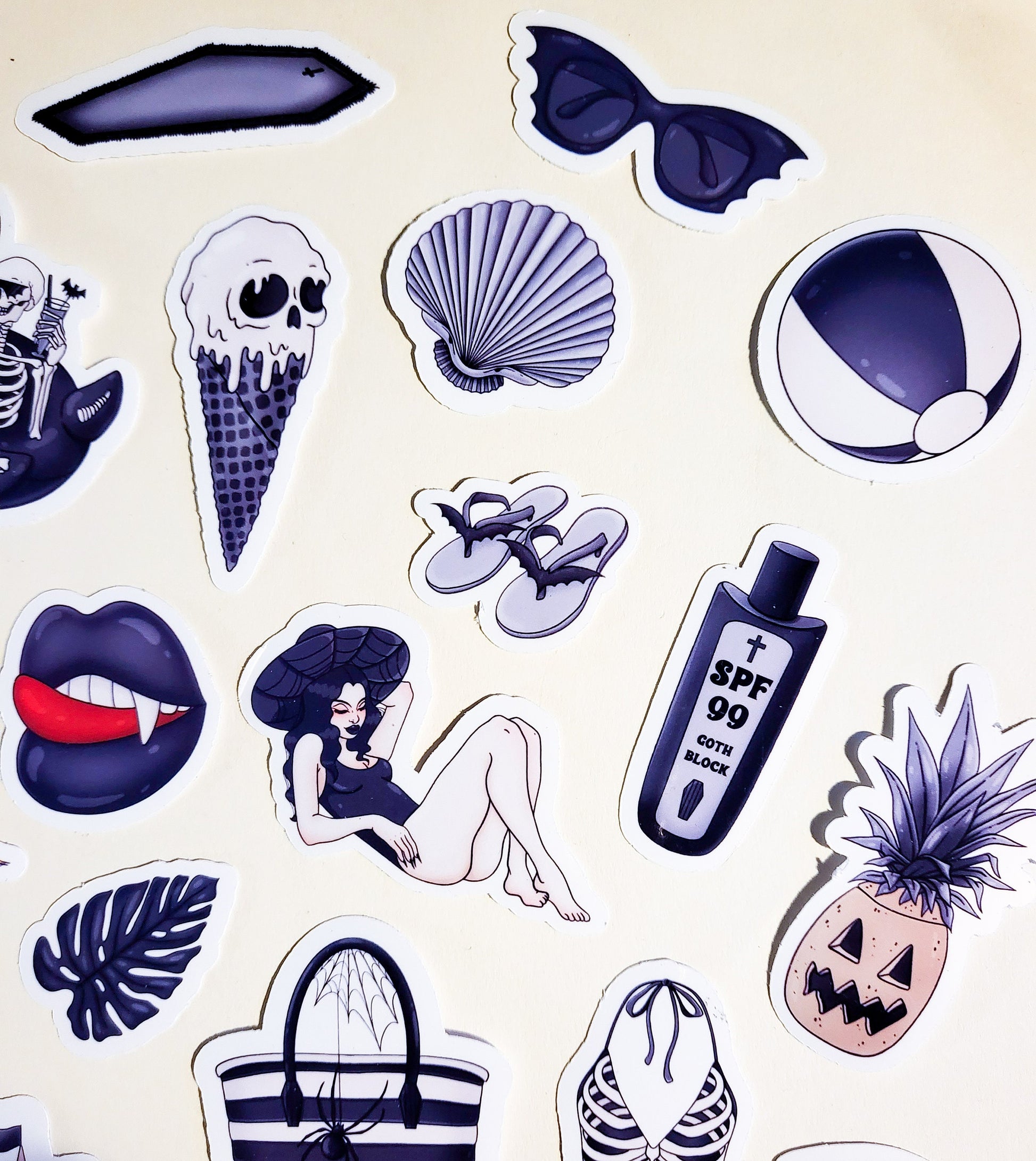 Vampire Vacation - Sticker Set - 26 Stickers - Glossy or Holographic - goth summer spooky season halloween beach skulls black white emo girl