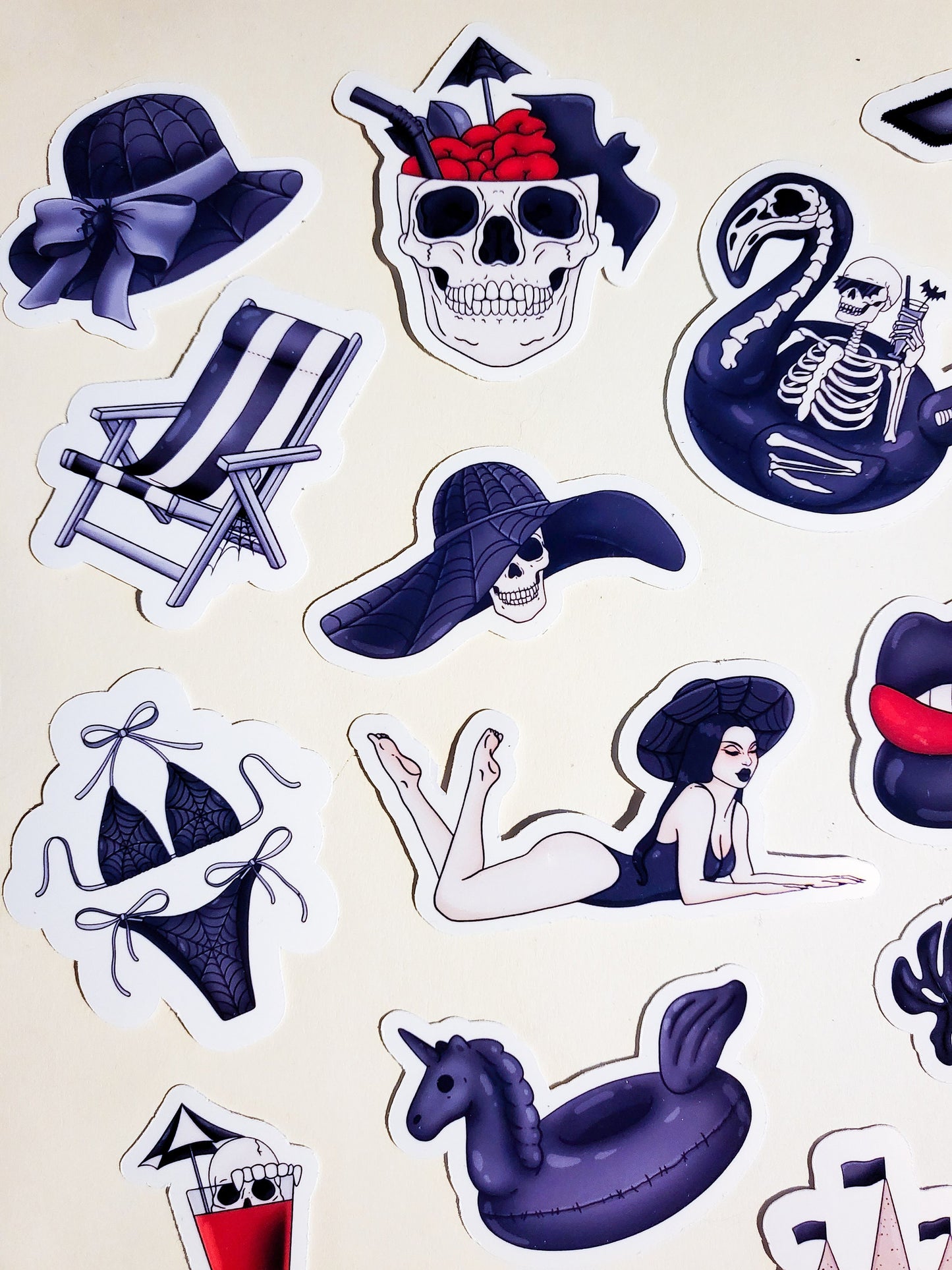 Vampire Vacation - Sticker Set - 26 Stickers - Glossy or Holographic - goth summer spooky season halloween beach skulls black white emo girl