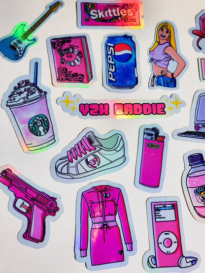 Y2K Baddie Sticker Set - 22 Pack Stickers - Glossy or Holographic - 2000s pink cute burn book ipod razr pepsi skittles ringpop Frappuccino