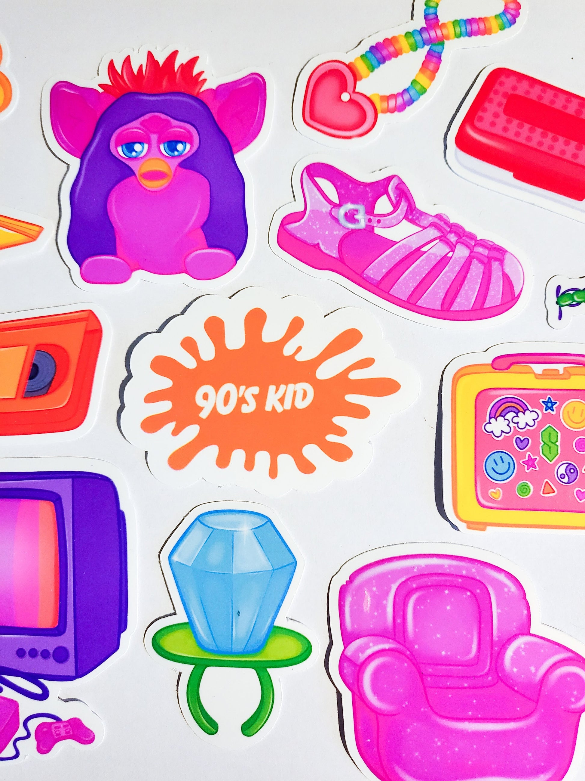 Neon 90s Kid Sticker Set - 18 Glossy Stickers - furby ringpop inflatable chair gushers jelly shoe orange vhs 1990s 90's baby butterfly clip