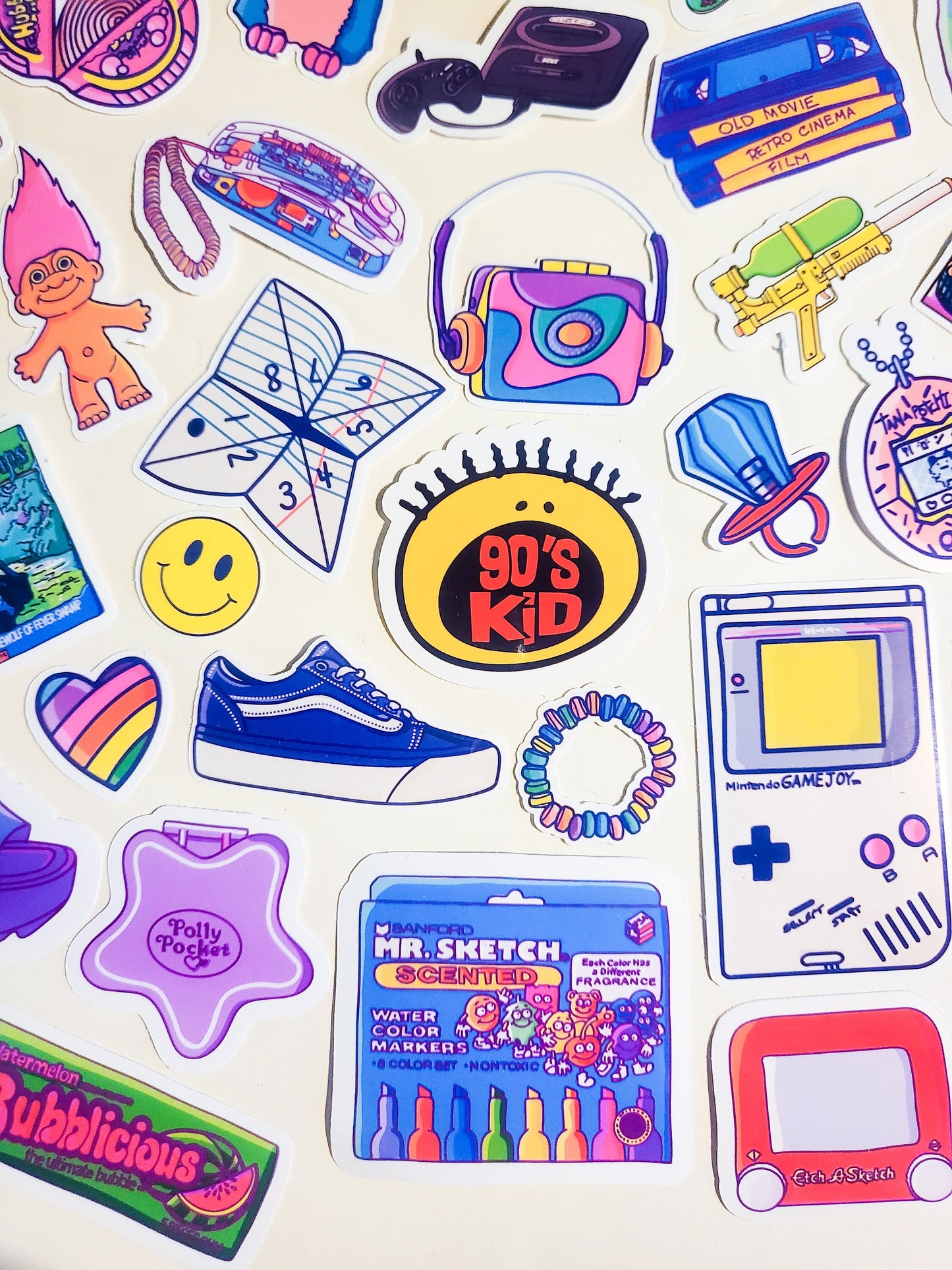 90s Nostalgia Mega Sticker Set - 44 Pack Glossy Stickers - 1990s retro vintage 90's kid baby gameboy furby goosebumps smackers ringpop vhs