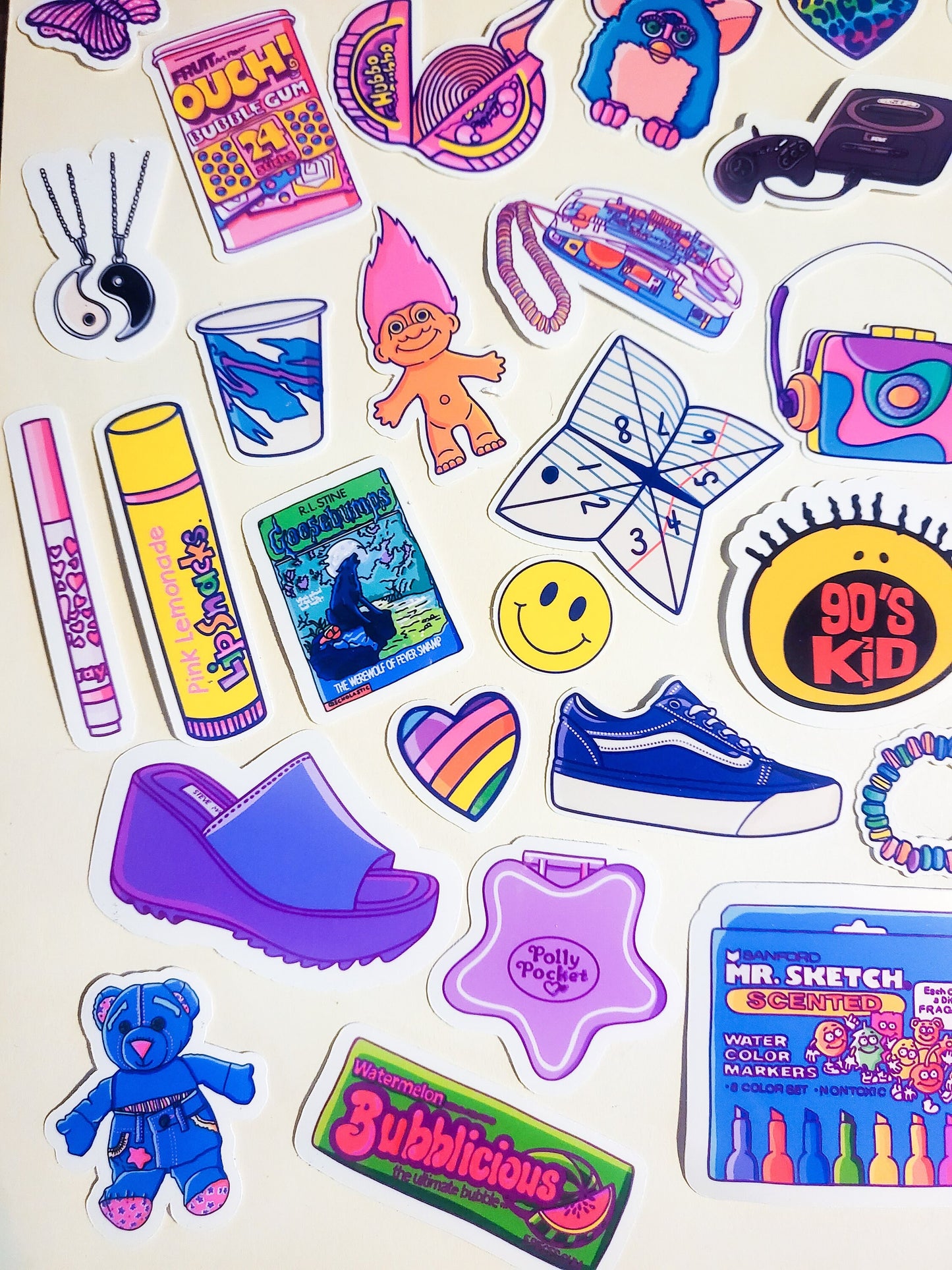 90s Nostalgia Mega Sticker Set - 44 Pack Glossy Stickers - 1990s retro vintage 90's kid baby gameboy furby goosebumps smackers ringpop vhs