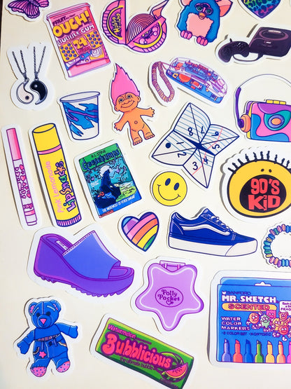 90s Nostalgia Mega Sticker Set - 44 Pack Glossy Stickers - 1990s retro vintage 90's kid baby gameboy furby goosebumps smackers ringpop vhs