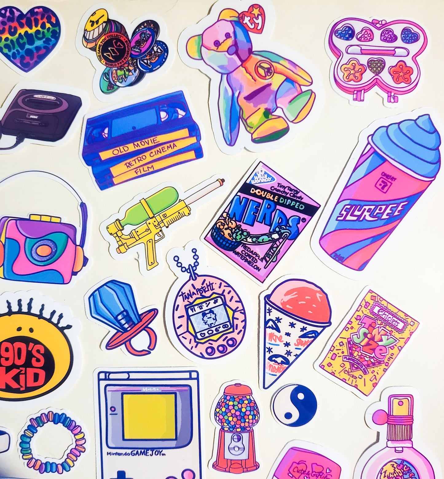 90s Nostalgia Mega Sticker Set - 44 Pack Glossy Stickers - 1990s retro vintage 90's kid baby gameboy furby goosebumps smackers ringpop vhs