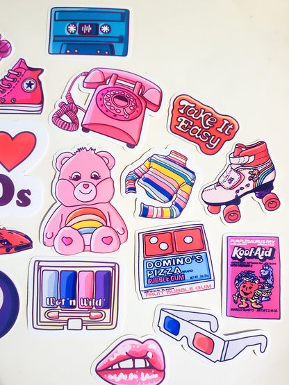 80s Nostalgia Sticker Set - 24 Pack Glossy Stickers - 1980s 80's kid baby retro vintage carebear pepsi 8 ball koolaid nintendo scrunchie