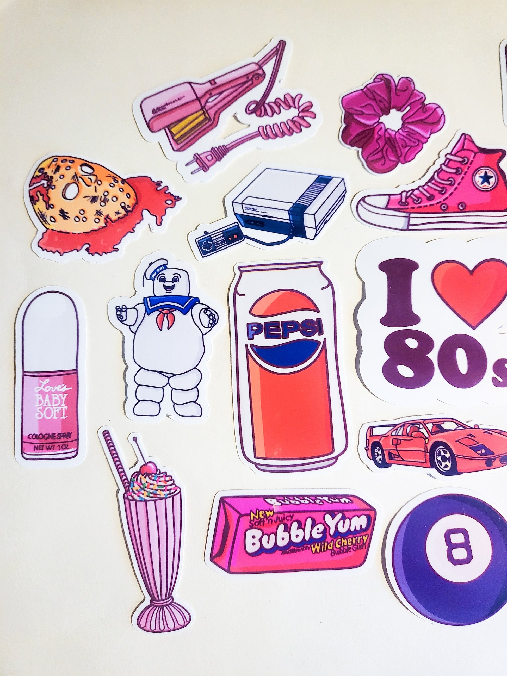 80s Nostalgia Sticker Set - 24 Pack Glossy Stickers - 1980s 80's kid baby retro vintage carebear pepsi 8 ball koolaid nintendo scrunchie