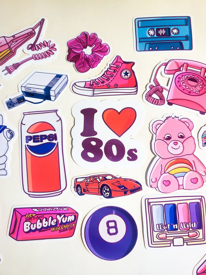 80s Nostalgia Sticker Set - 24 Pack Glossy Stickers - 1980s 80's kid baby retro vintage carebear pepsi 8 ball koolaid nintendo scrunchie