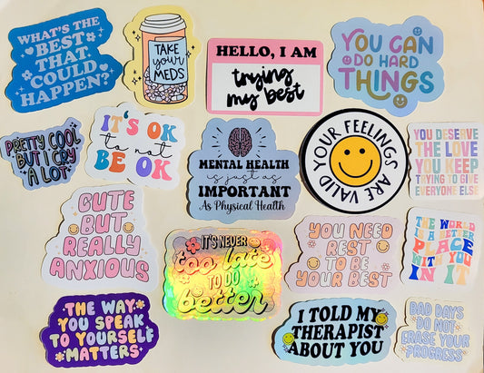 Mental Health Stickers - 16 single or pack - sticker set bundle positive affirmations self love positivity therapist motivating meds anxiety