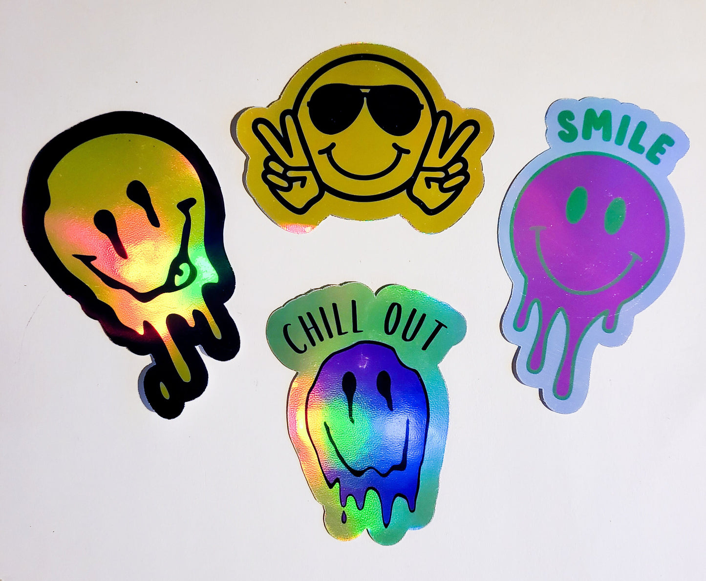 Trippy Smiles - 4 sticker set or Single Stickers - holographic - smile drip chill out peace sunglasses face black yellow pink green