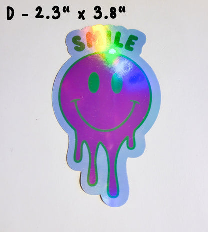 Trippy Smiles - 4 sticker set or Single Stickers - holographic - smile drip chill out peace sunglasses face black yellow pink green