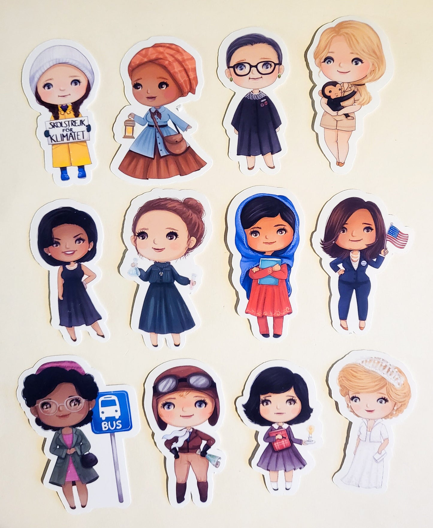 Inspirational Women - Single Stickers or Set of 12 - glossy - Malala Obama Diana RBG Curie Tubman Parks Earhart Thunberg Goodall Kamala Anne