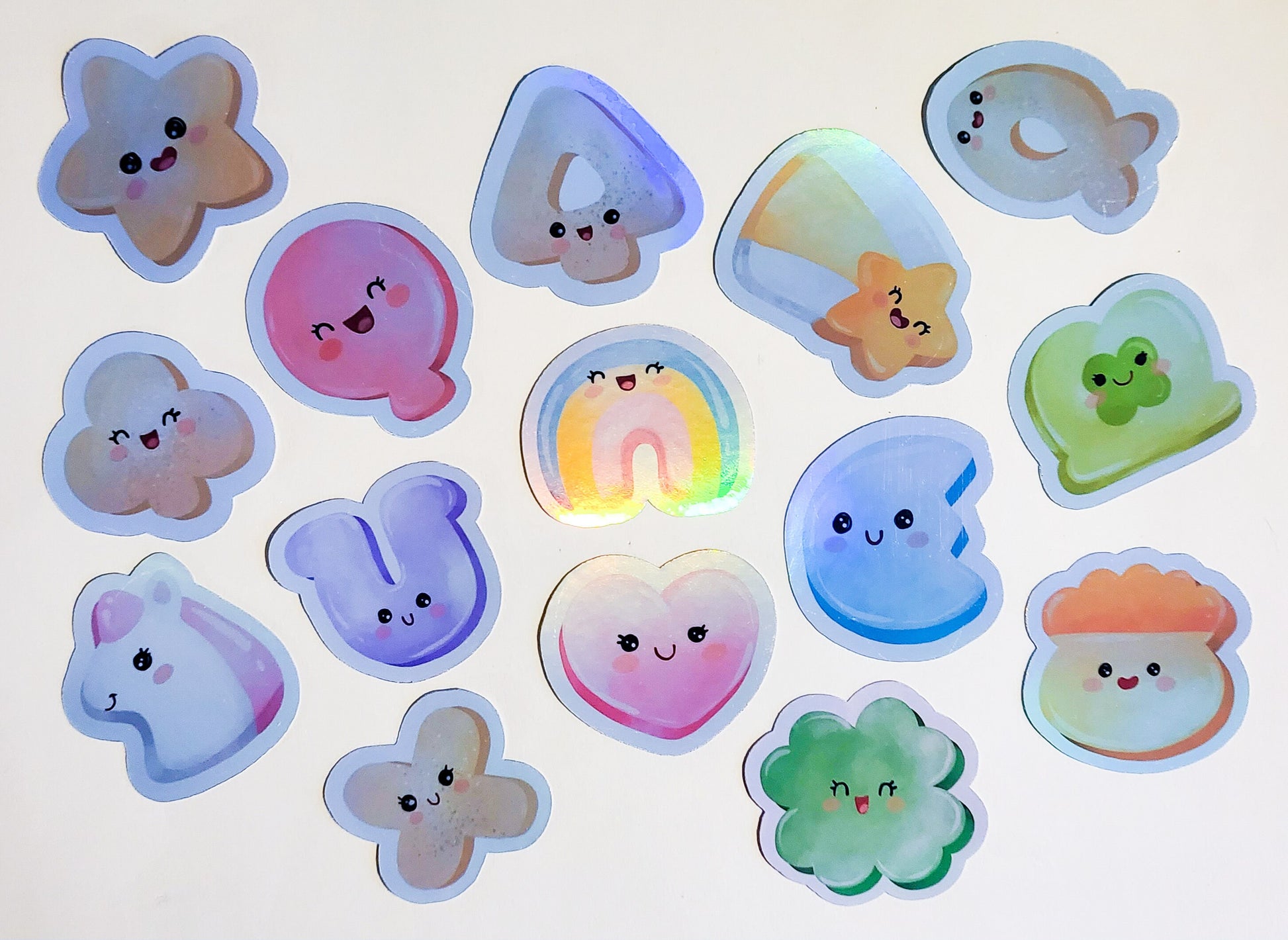 Kawaii Lucky Charms - Holographic or Glossy - Set of 15 Stickers - cereal cute faces rainbow heart star moon clover sticker decal gift food