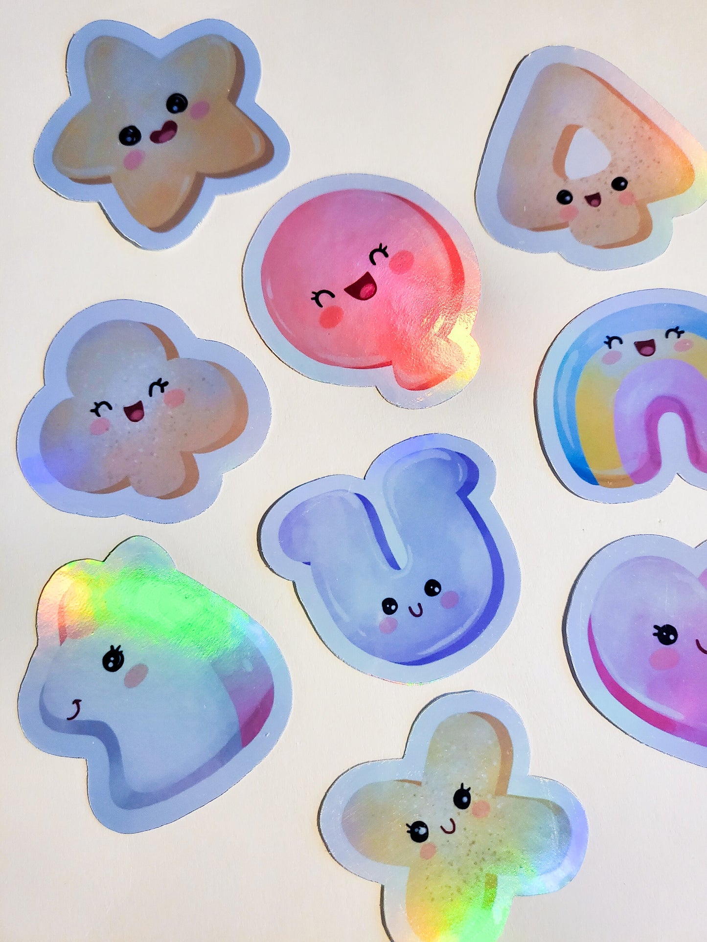 Kawaii Lucky Charms - Holographic or Glossy - Set of 15 Stickers - cereal cute faces rainbow heart star moon clover sticker decal gift food