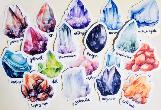 Watercolor Crystals - 18 glossy stickers - set or singles - 3.3" - amethyst rose quartz citrine selenite carnelian obsidian agate malachite