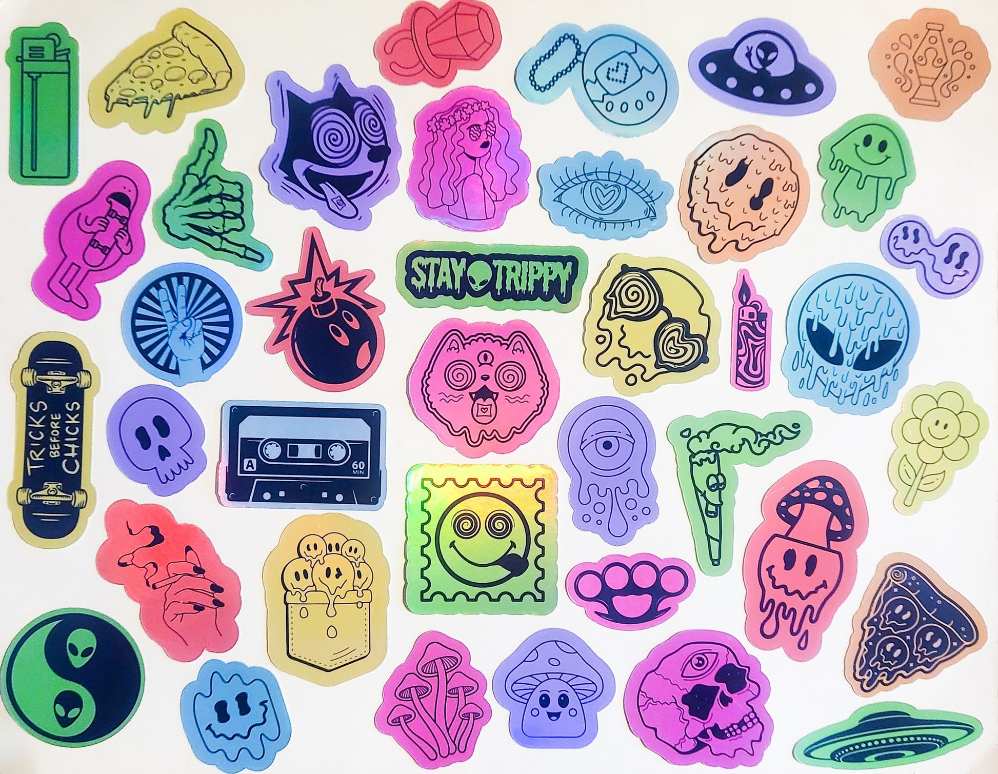 Trippy Vibes Sticker Set -Pack of 39 Holographic Stickers - drippy smile smiley trip drip skate cat alien pizza lighter shrooms colorful ufo