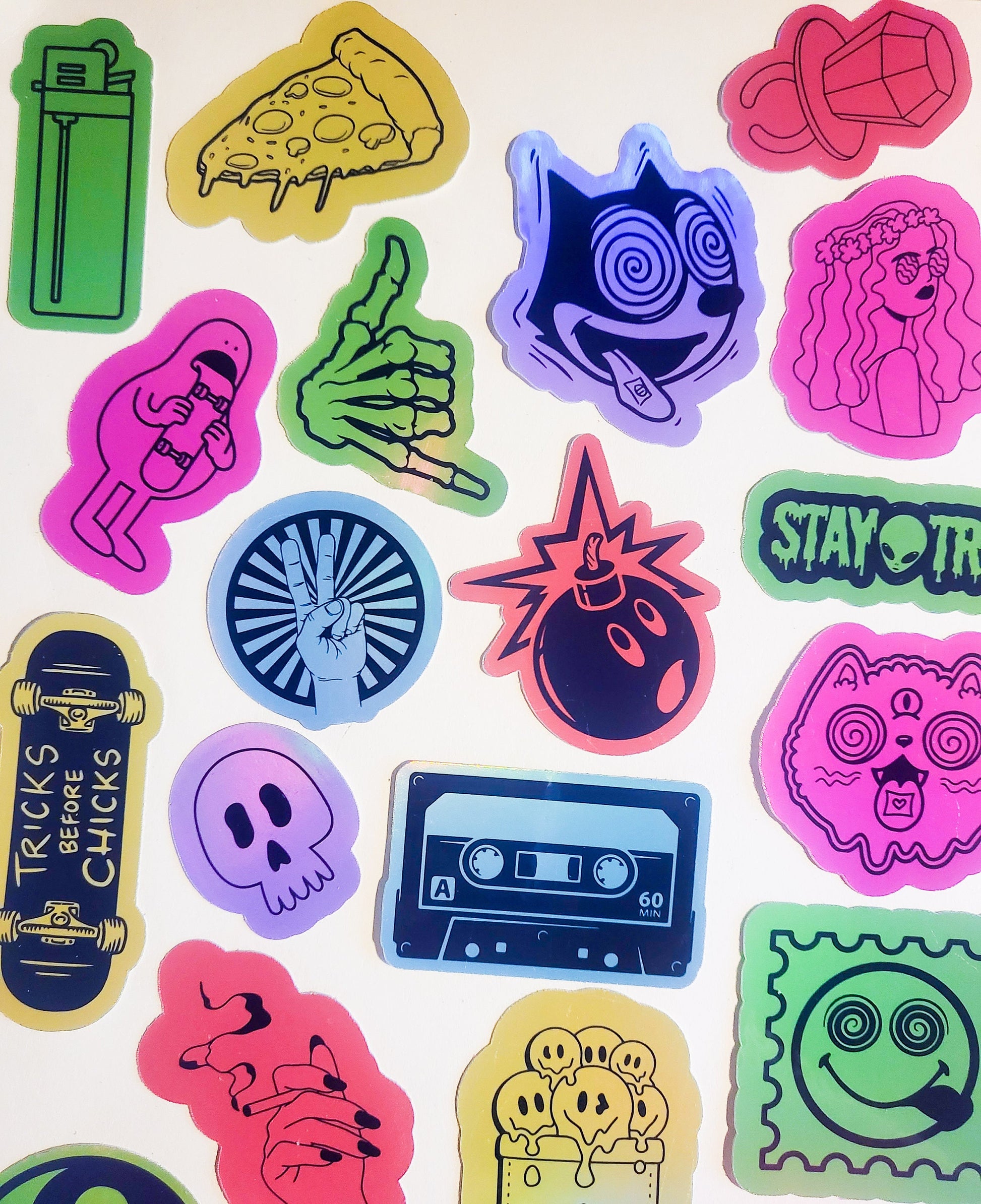 Trippy Vibes Sticker Set -Pack of 39 Holographic Stickers - drippy smile smiley trip drip skate cat alien pizza lighter shrooms colorful ufo