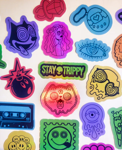 Trippy Vibes Sticker Set -Pack of 39 Holographic Stickers - drippy smile smiley trip drip skate cat alien pizza lighter shrooms colorful ufo