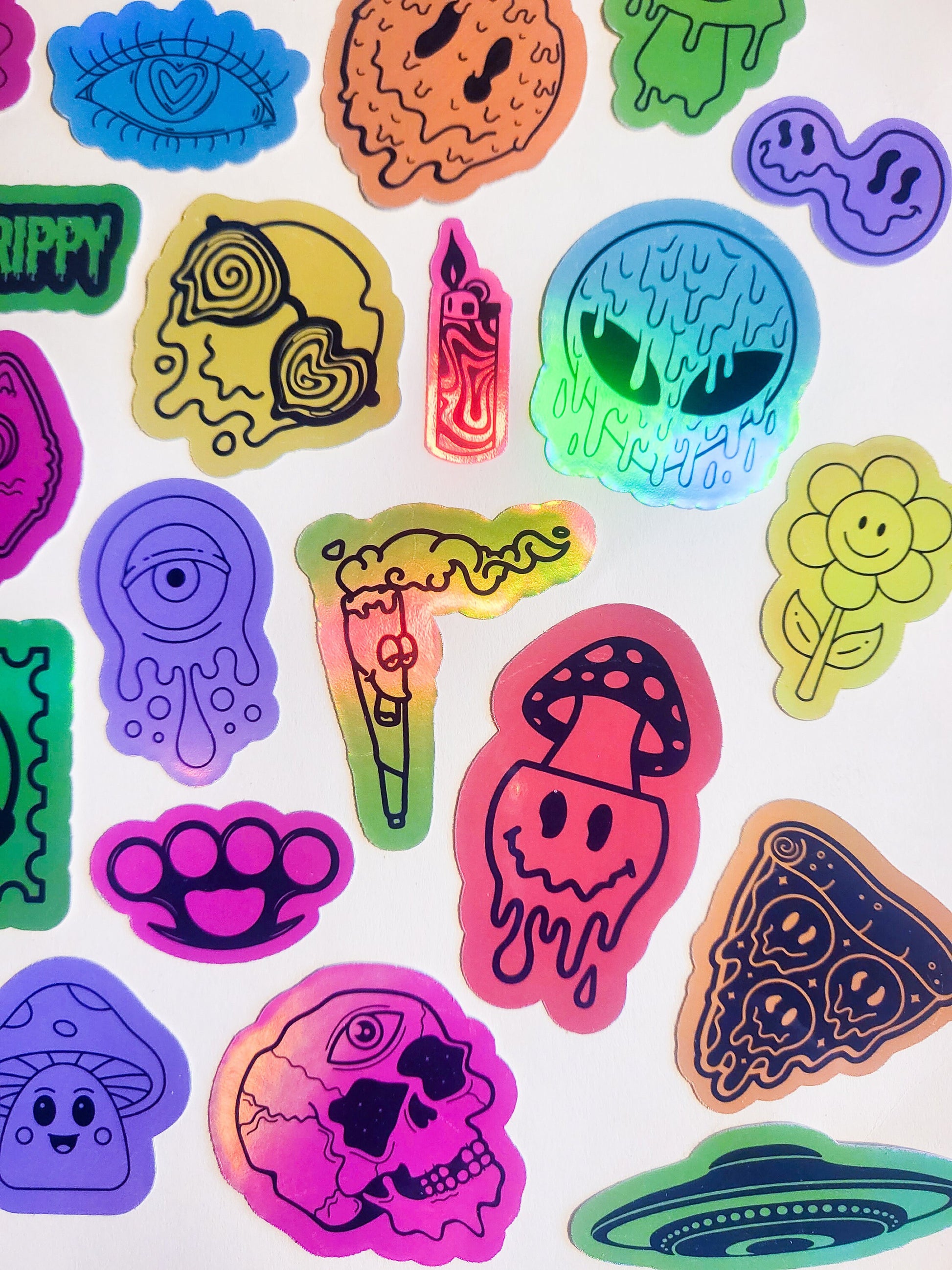 Trippy Vibes Sticker Set -Pack of 39 Holographic Stickers - drippy smile smiley trip drip skate cat alien pizza lighter shrooms colorful ufo