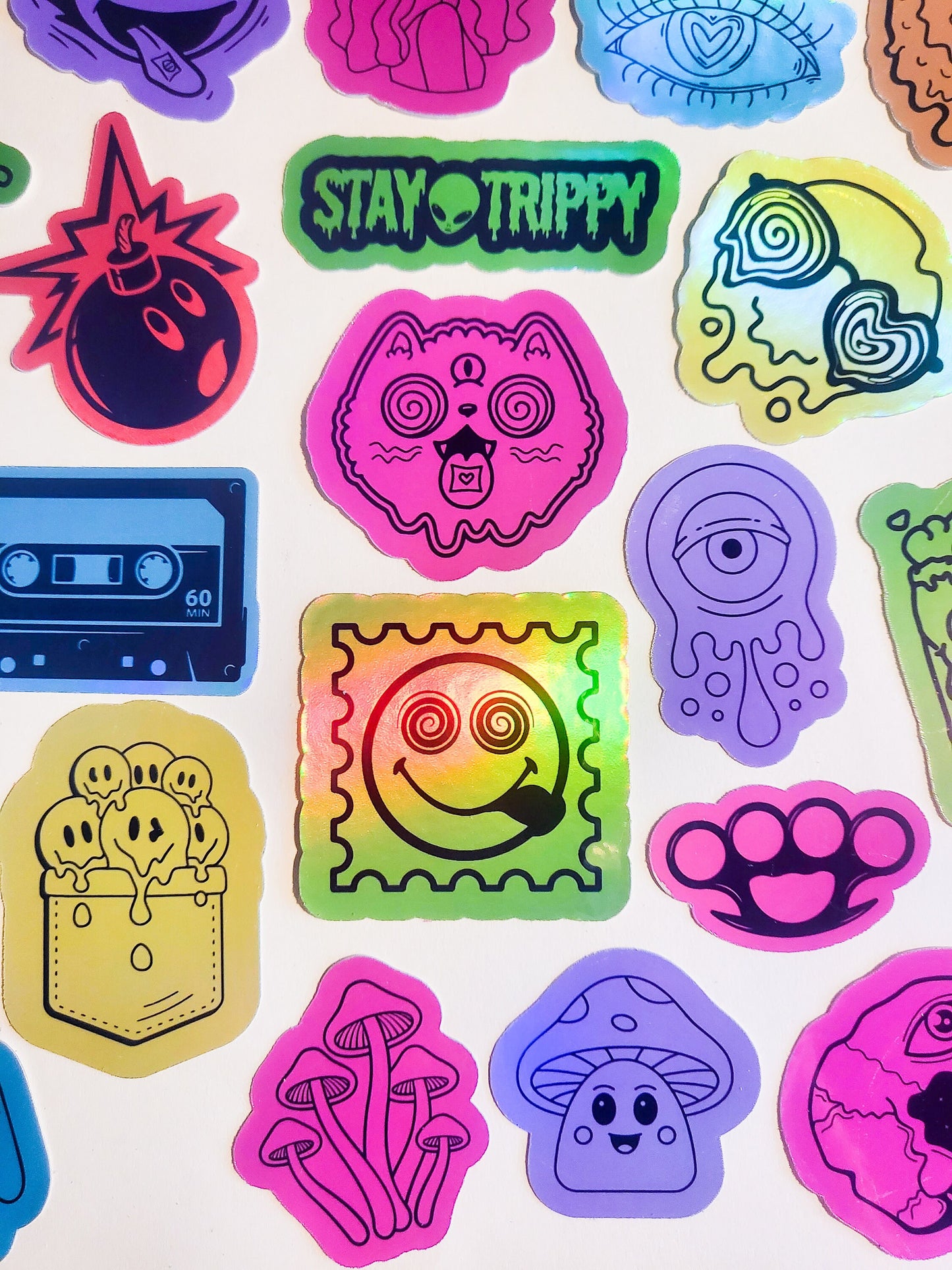 Trippy Vibes Sticker Set -Pack of 39 Holographic Stickers - drippy smile smiley trip drip skate cat alien pizza lighter shrooms colorful ufo